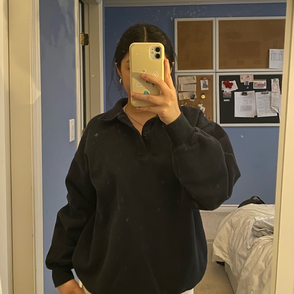 TNA Cozy Fleece Boyfriend Polo Sweatshirt (Black)